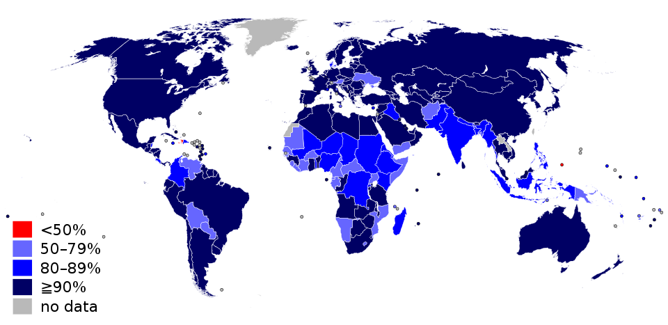 Rates of measles vaccination worldwide
